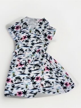 Tropical Print Short Sleeve Dress - White with Pink & Black